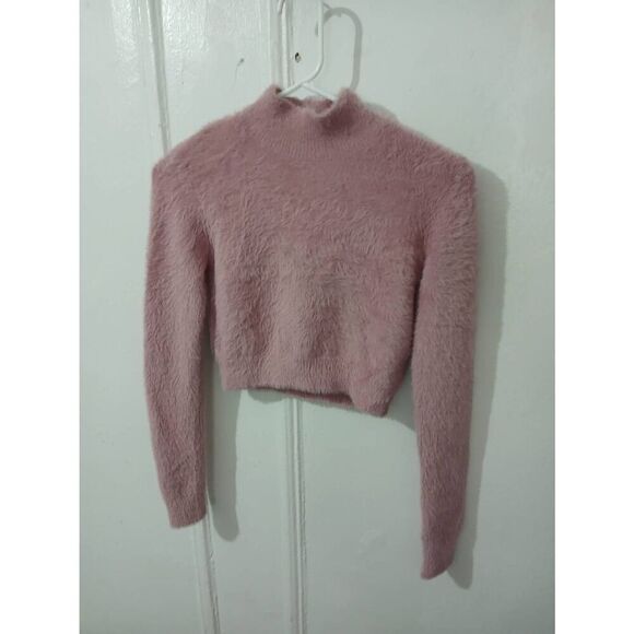 Sunday best womens small crop turtleneck teddy fuzzy blush pink soft sweater - Picture 1 of 5